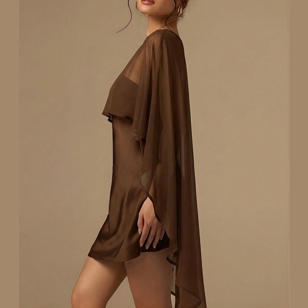Brown Sheer Chiffon Mini Dress with Draped Cape Sleeve - Picture 7 of 7